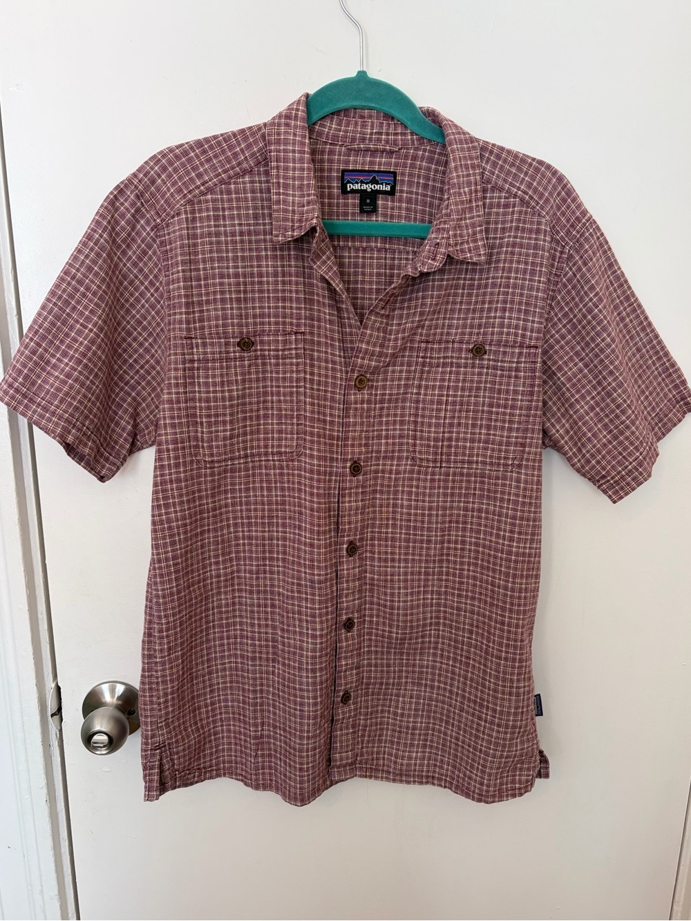 Patagonia Men's Back Step Shirt Hemp Organic Cotton Burgundy/Cream Plaid Size M